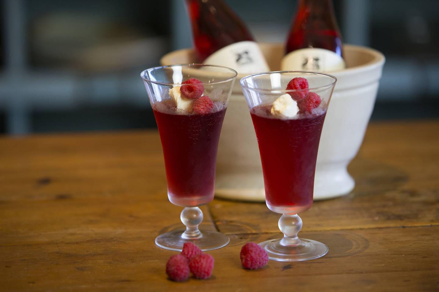 Sparkling Ruby Jelly with Raspberries &amp; Crème Fraiche Recipe | Maggie Beer