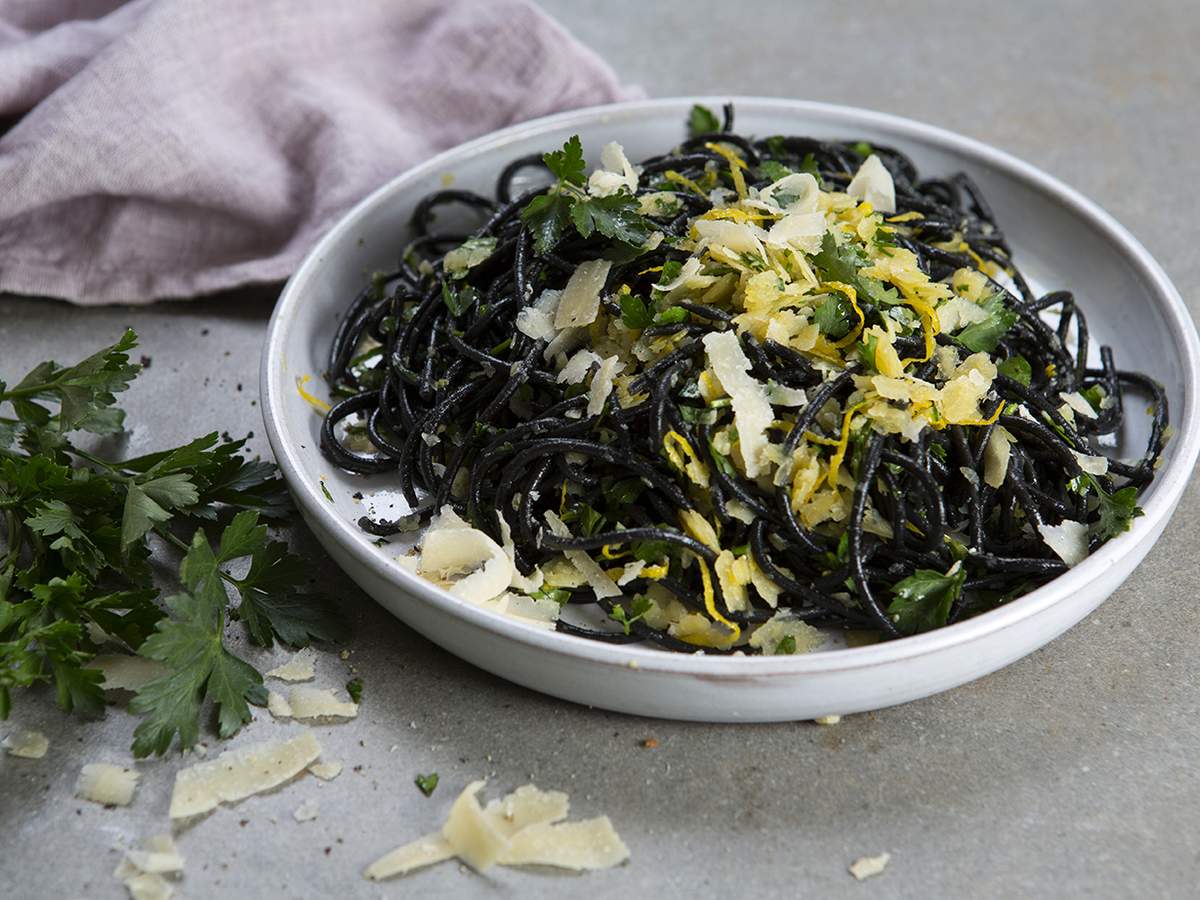 Lemon, Garlic and Parmesan Squid Ink Pasta Recipe | Maggie Beer