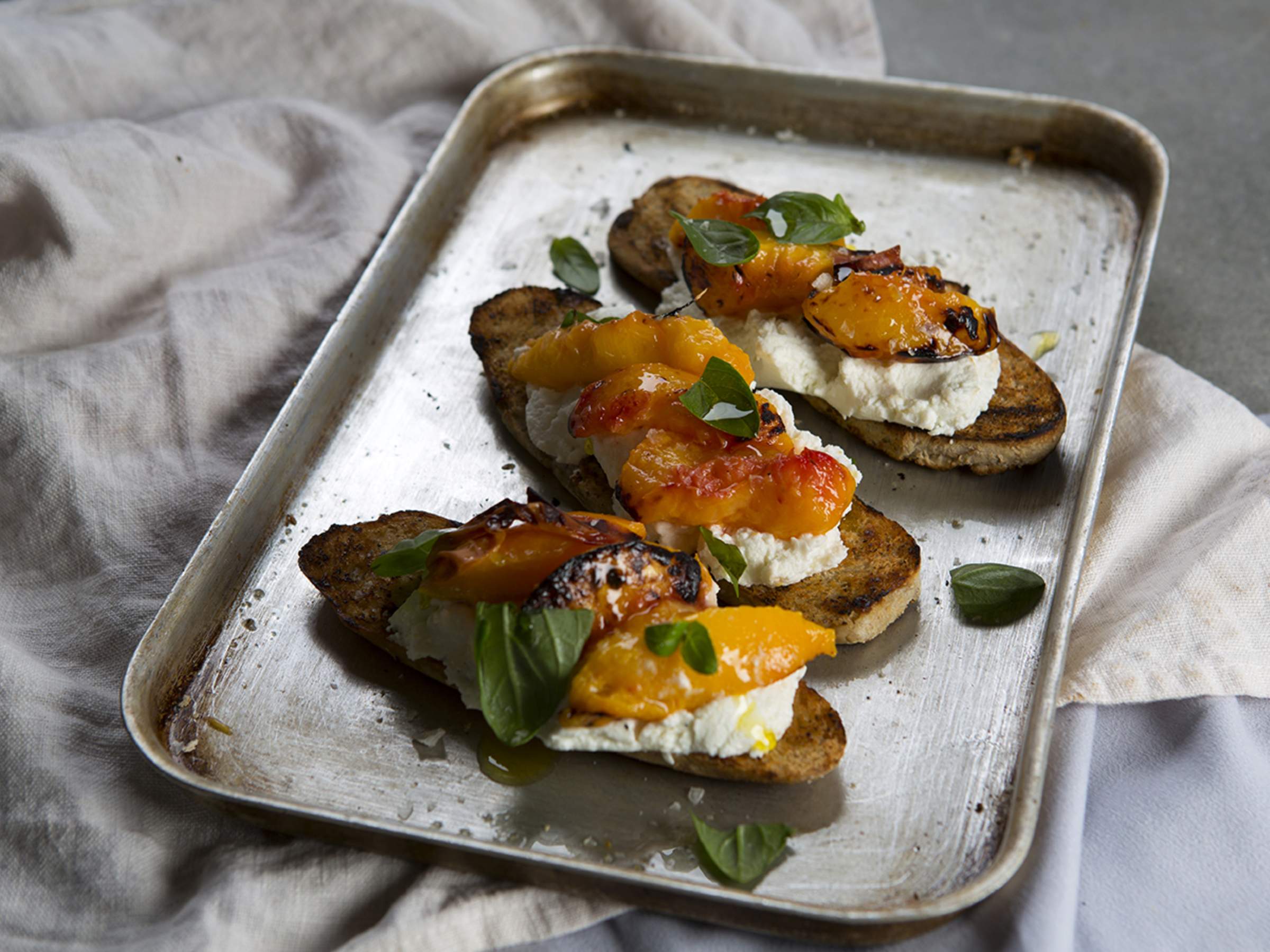 Grilled Peach, Goat's Curd and Basil Bruschetta Recipe | Maggie Beer