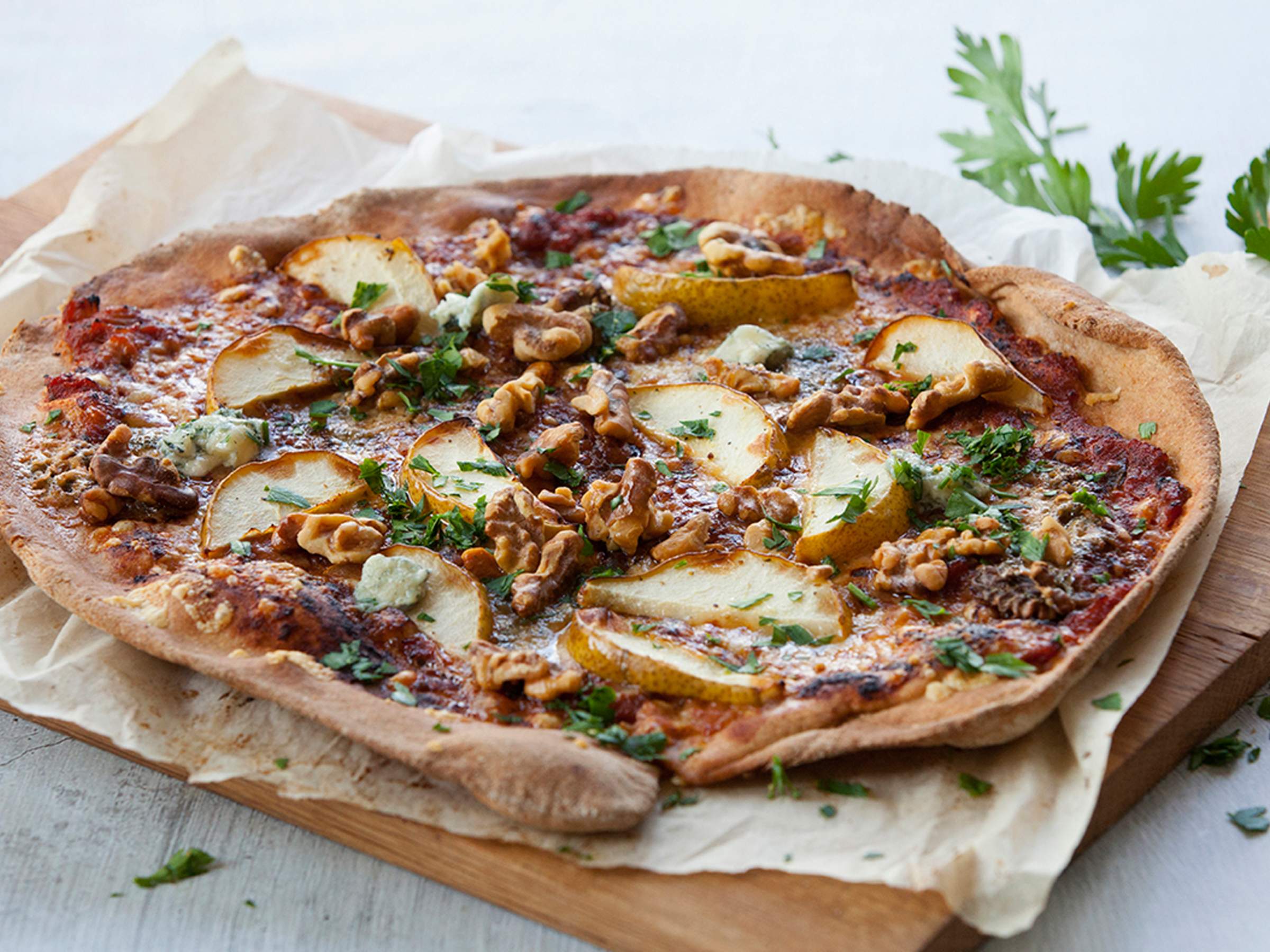 Spelt Pizza with Gorgonzola, Walnut and Pears Recipe | Maggie Beer